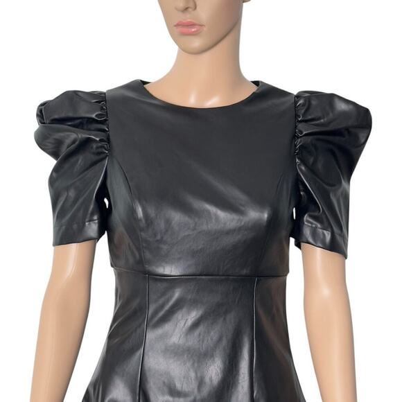 Lulu's Black Vegan Leather Puff Sleeve Fit and Flare Mini Dress (XS) - Picture 2 of 15